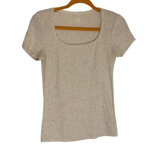 Gap T Shirt Ribbed Lace Trim Square Neck Top Blouse Womens Beige S